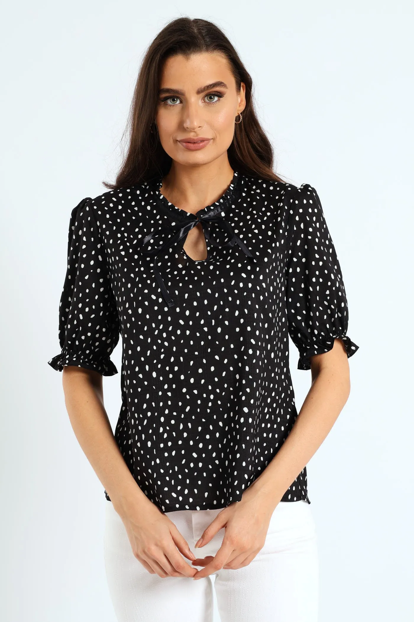 Frill V-Neck Puff Sleeve Blouse - Black/Cream