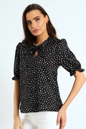 Frill V-Neck Puff Sleeve Blouse - Black/Cream