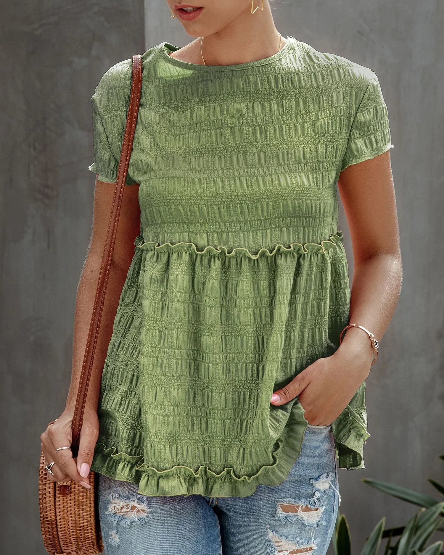 Frilly Short-sleeve Blouse Tops Casual T-shirt