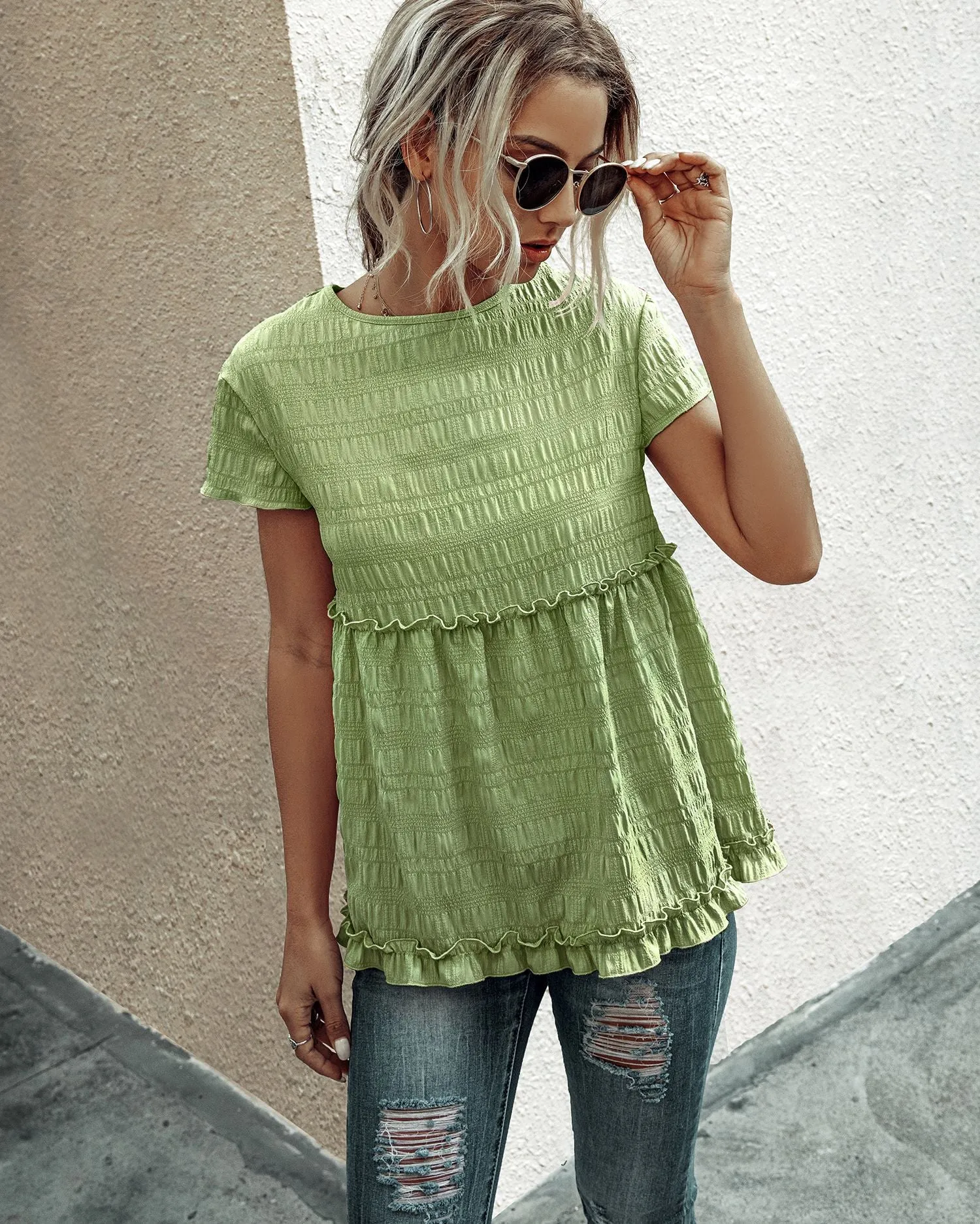 Frilly Short-sleeve Blouse Tops Casual T-shirt