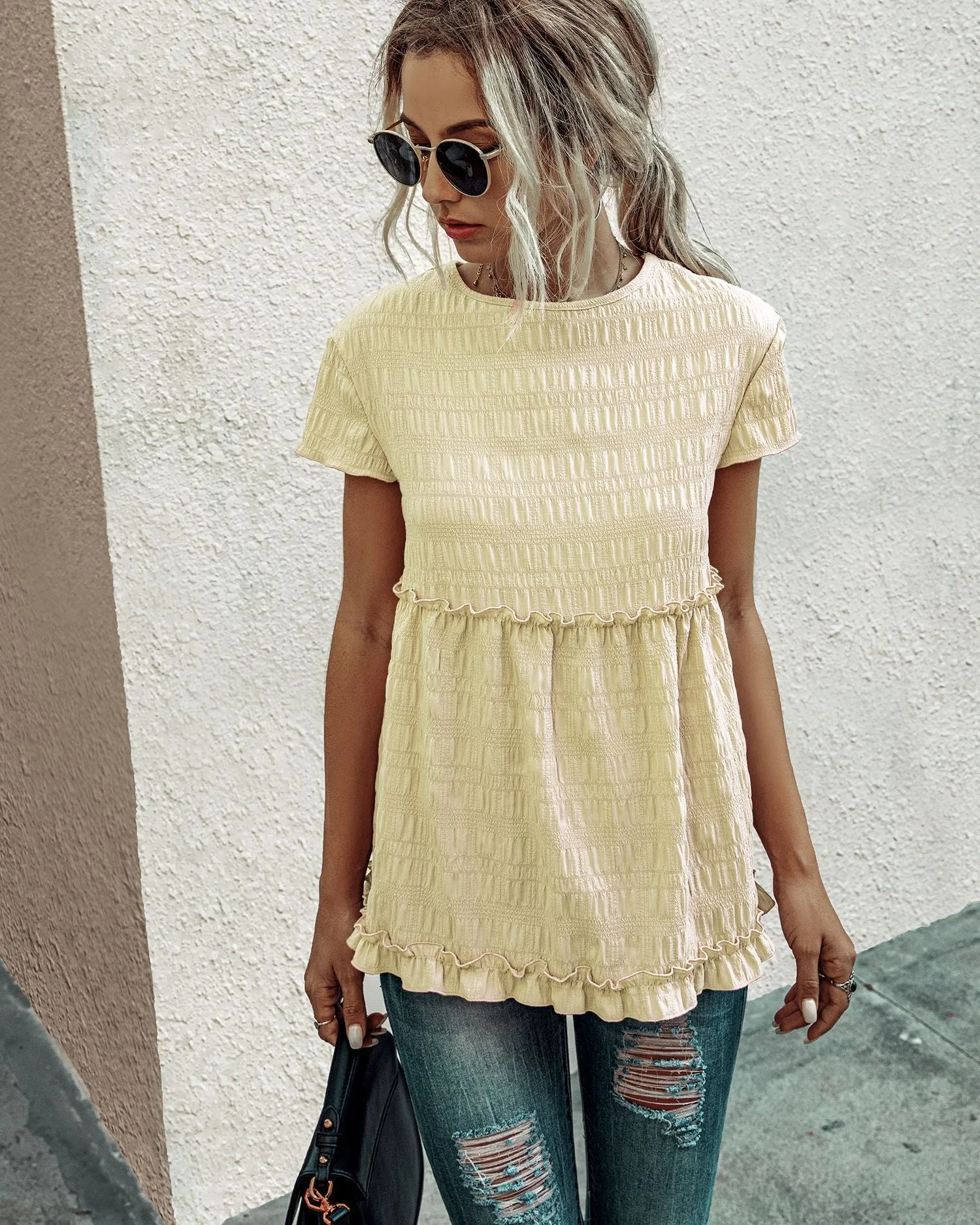 Frilly Short-sleeve Blouse Tops Casual T-shirt