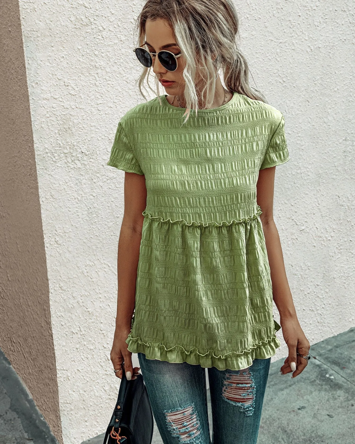 Frilly Short-sleeve Blouse Tops Casual T-shirt