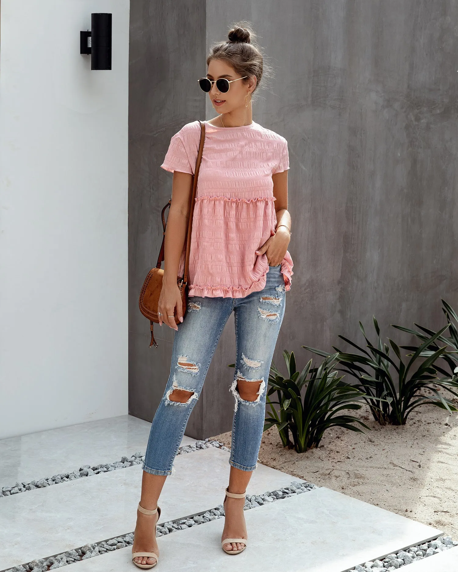 Frilly Short-sleeve Blouse Tops Casual T-shirt