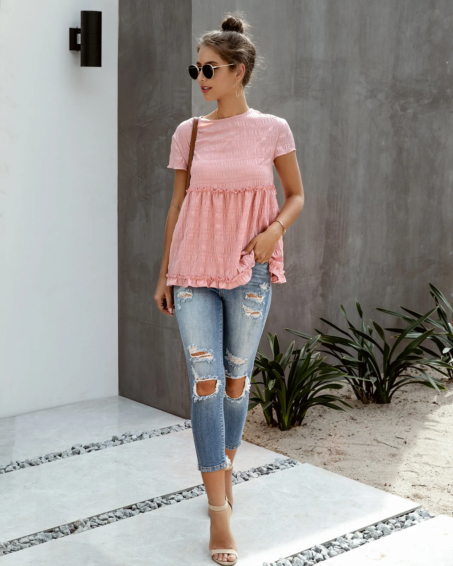 Frilly Short-sleeve Blouse Tops Casual T-shirt