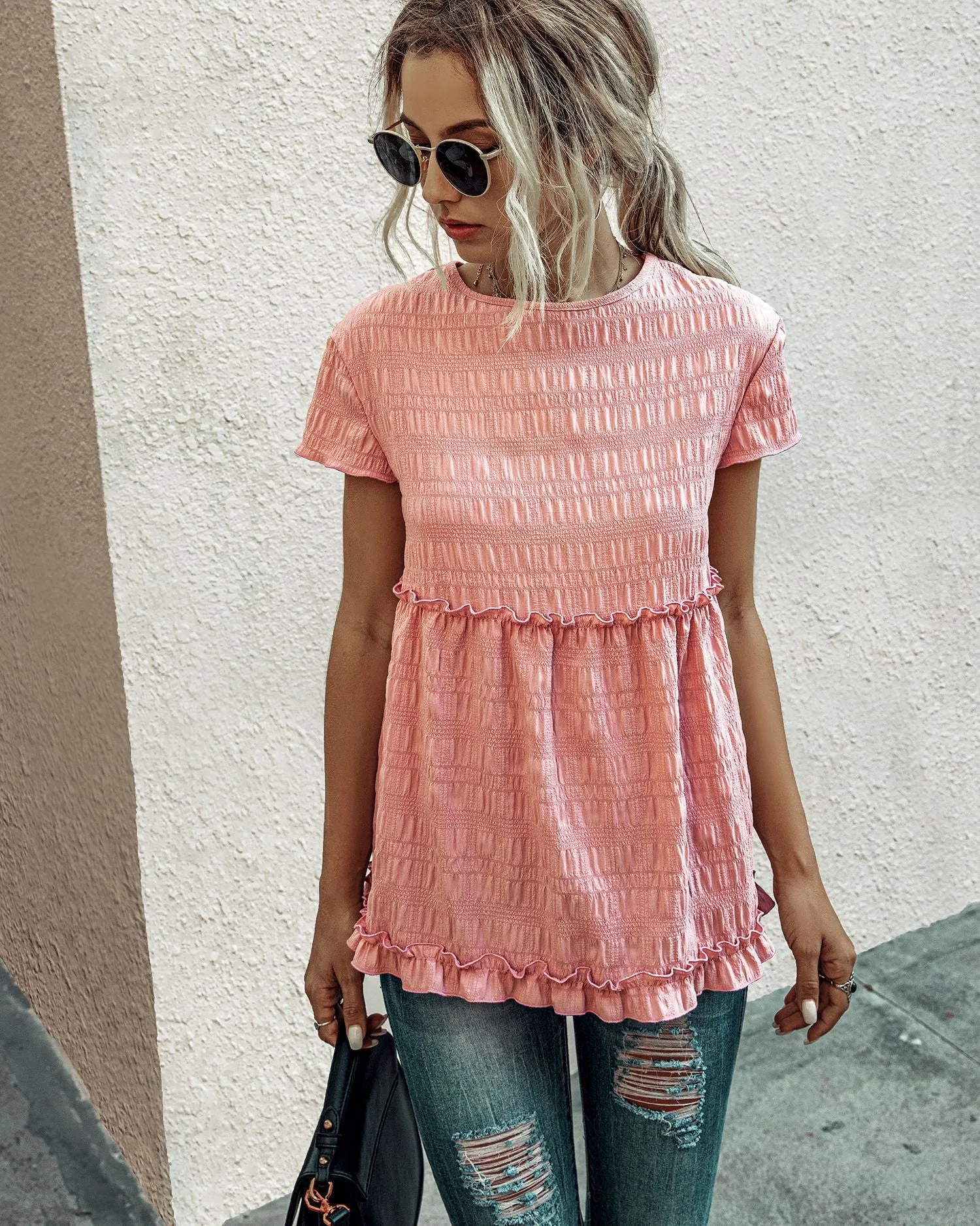 Frilly Short-sleeve Blouse Tops Casual T-shirt