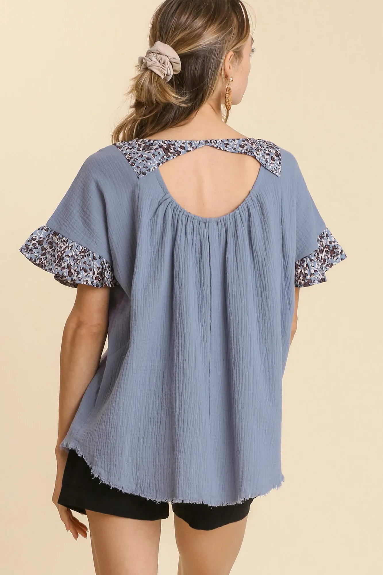 Fringed Cut Out Back Animal Print Top
