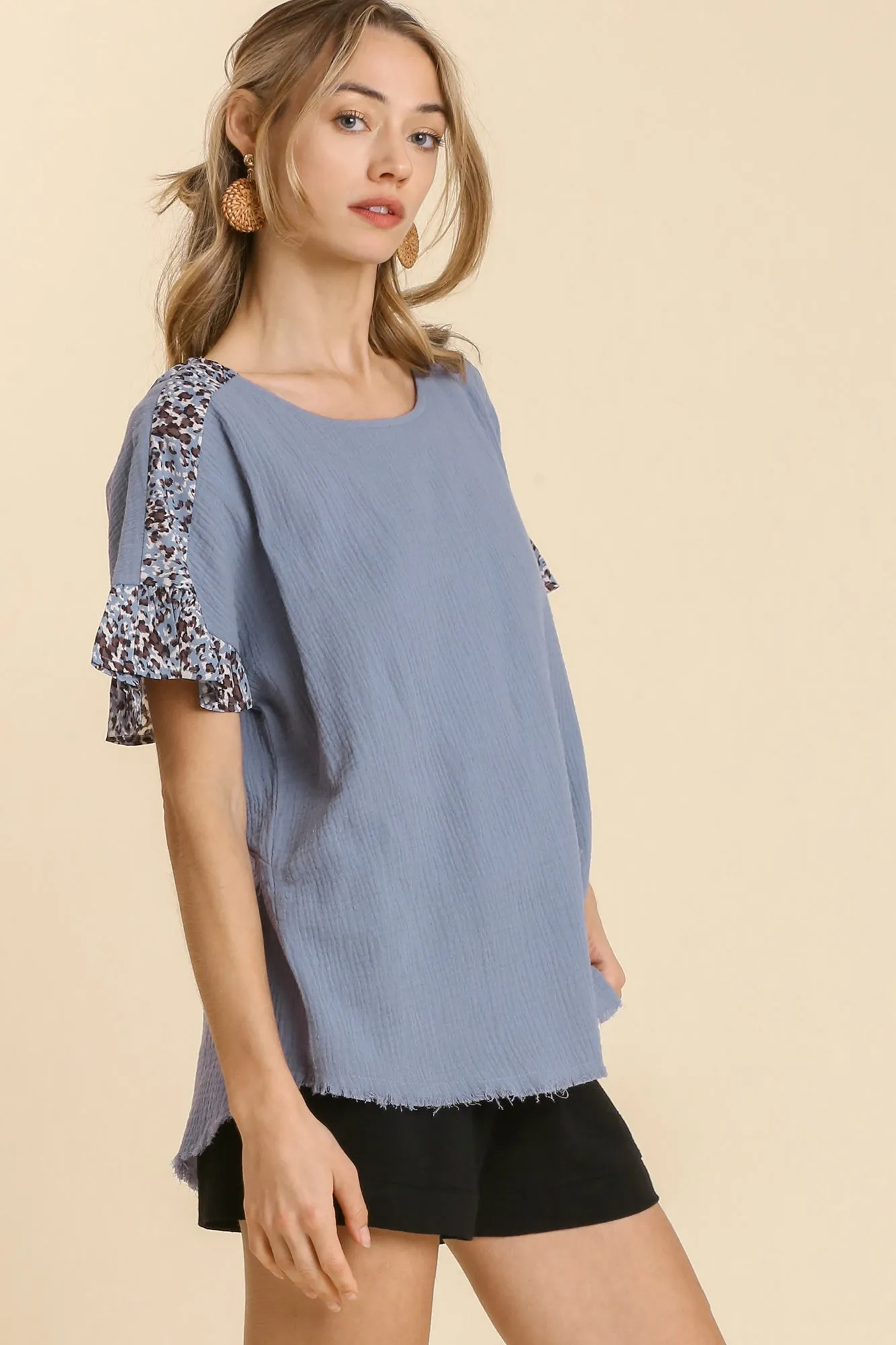 Fringed Cut Out Back Animal Print Top