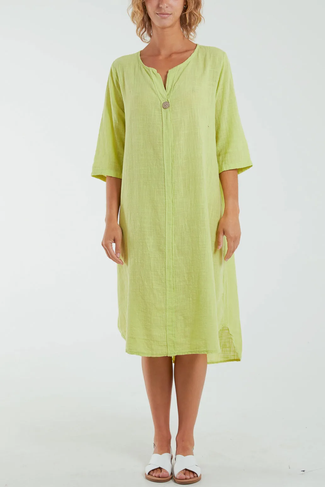 Front Button Long Sleeve Midi Dress