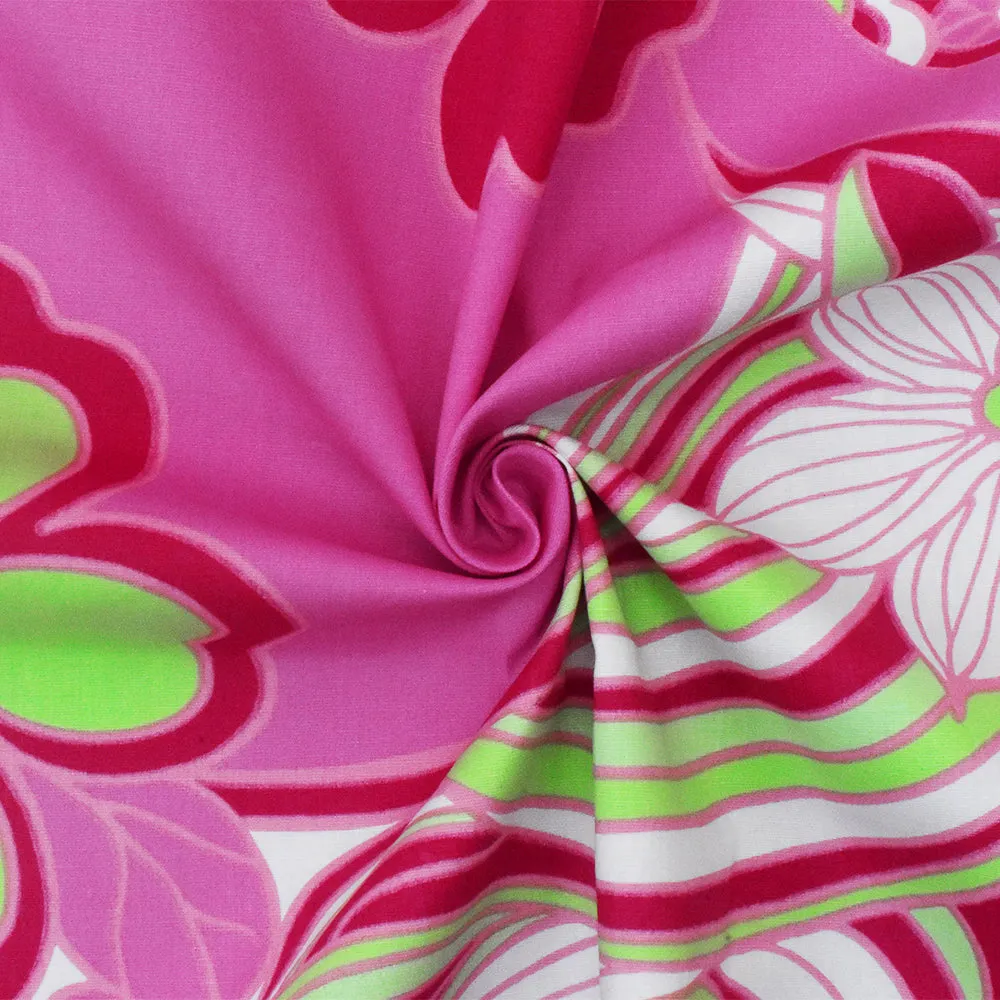 Fuchsia-Green-Multi Floral Print Stretch Cotton Spandex Poplin Woven Fabric