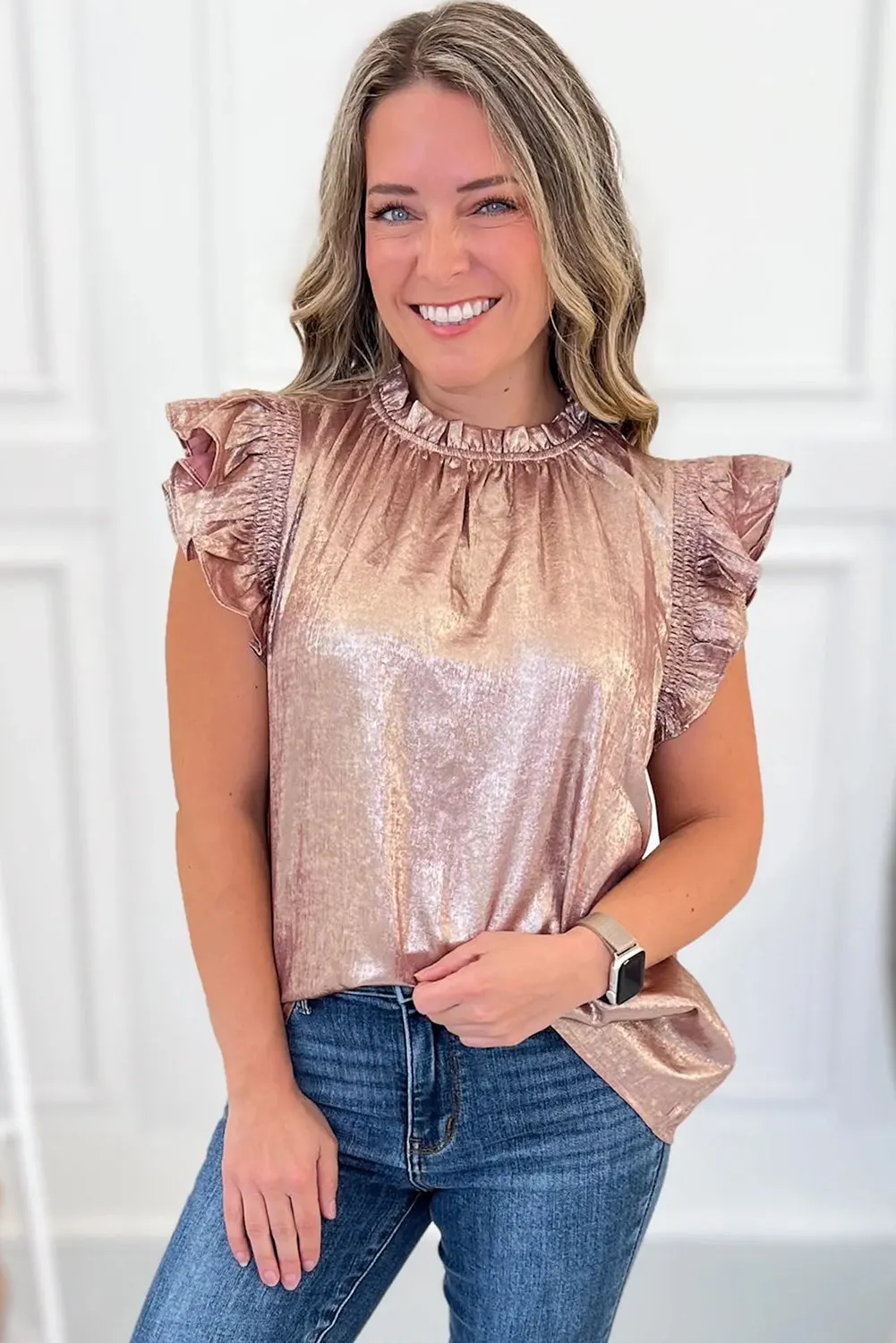 Fushia Metallic Look Frilled Neck Ruffled Short Sleeve Top