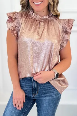Fushia Metallic Look Frilled Neck Ruffled Short Sleeve Top