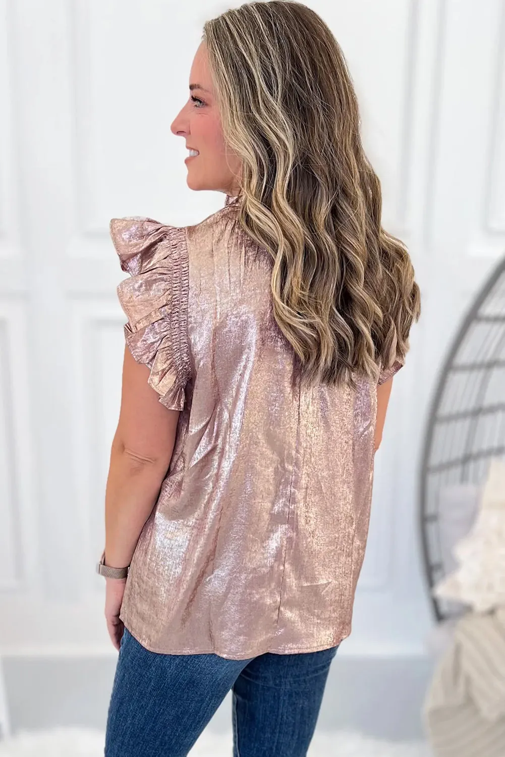 Fushia Metallic Look Frilled Neck Ruffled Short Sleeve Top