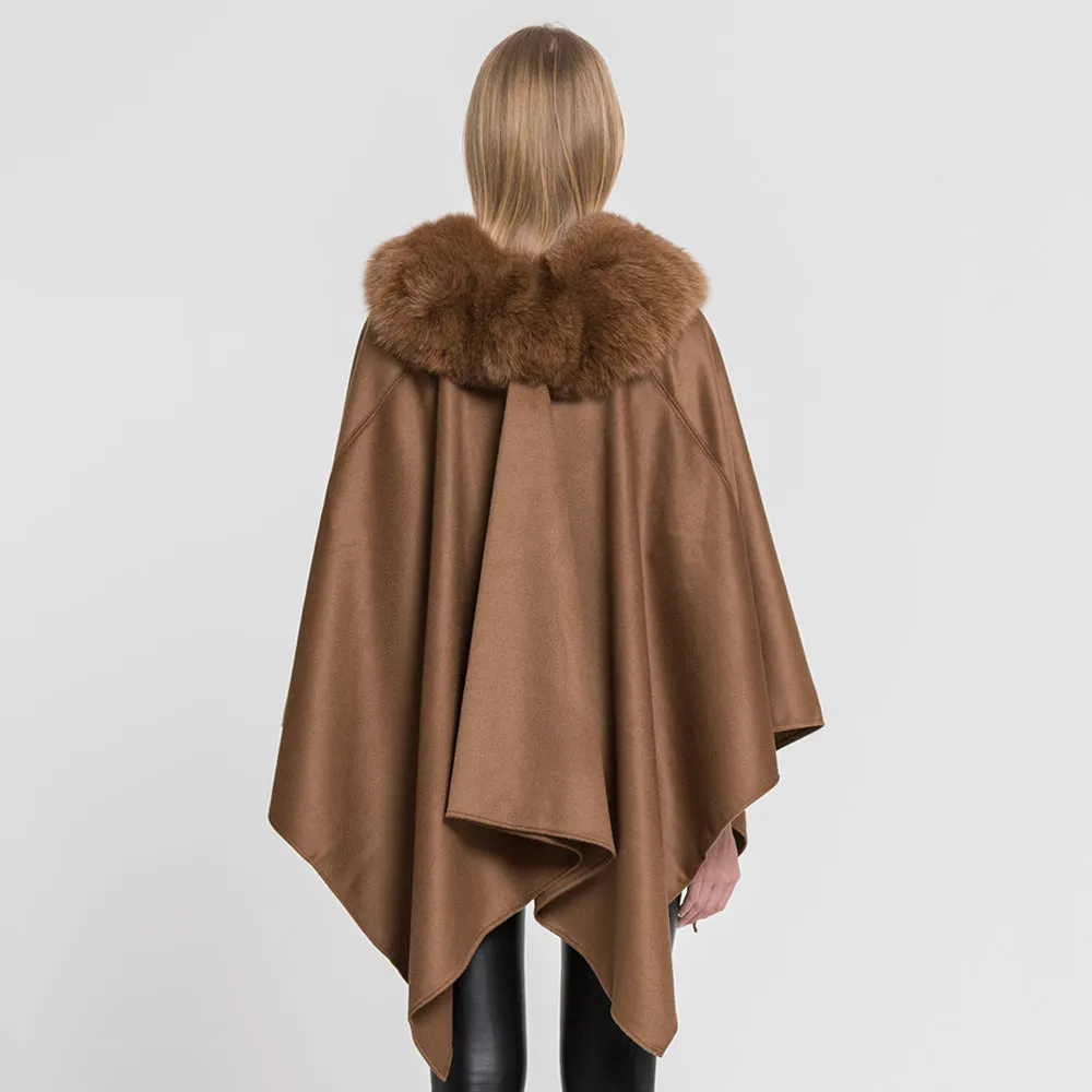 Genuine Cashmere Ponchos Fur Capes with Real Fox Fur Women Camel Shawl