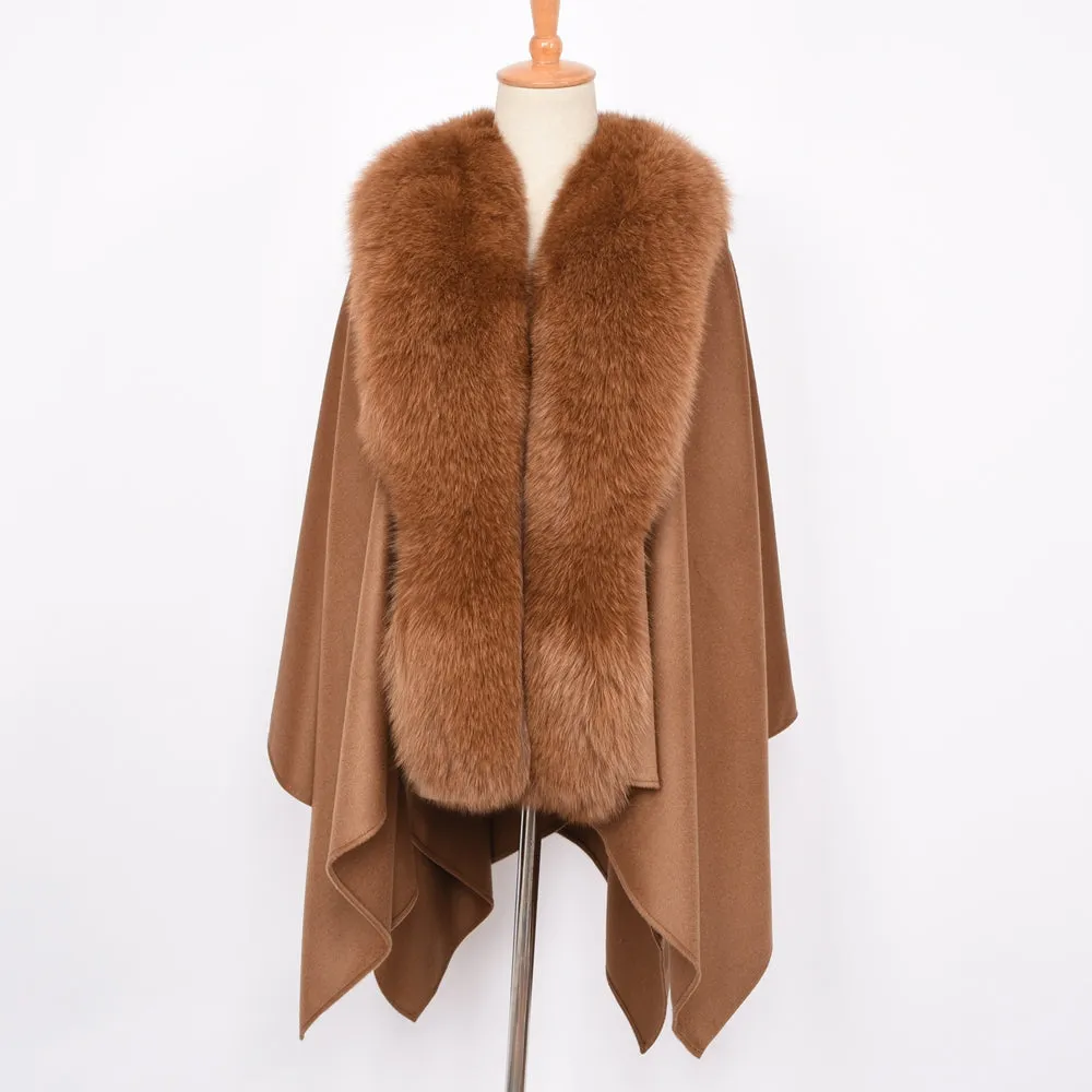 Genuine Cashmere Ponchos Fur Capes with Real Fox Fur Women Camel Shawl
