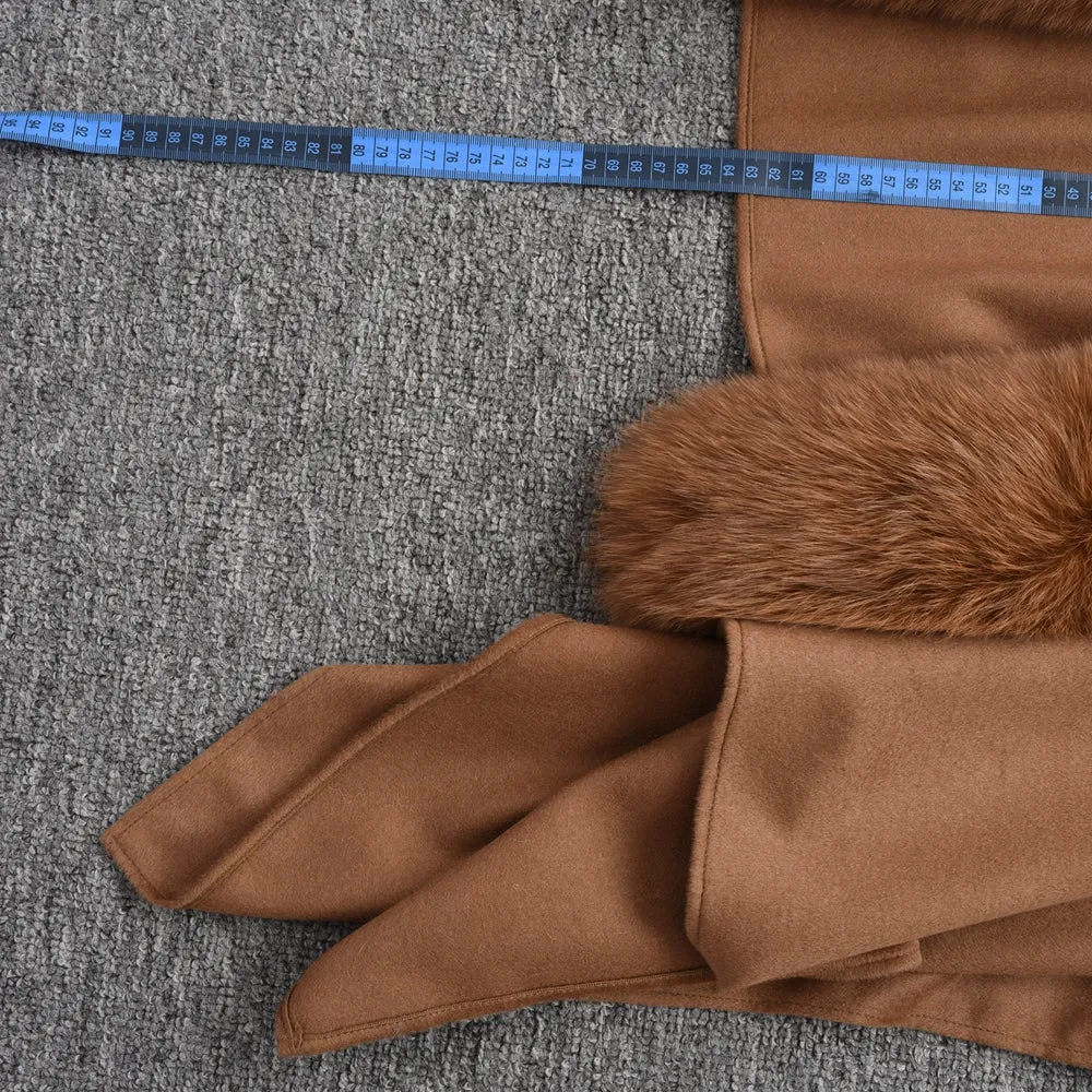 Genuine Cashmere Ponchos Fur Capes with Real Fox Fur Women Camel Shawl