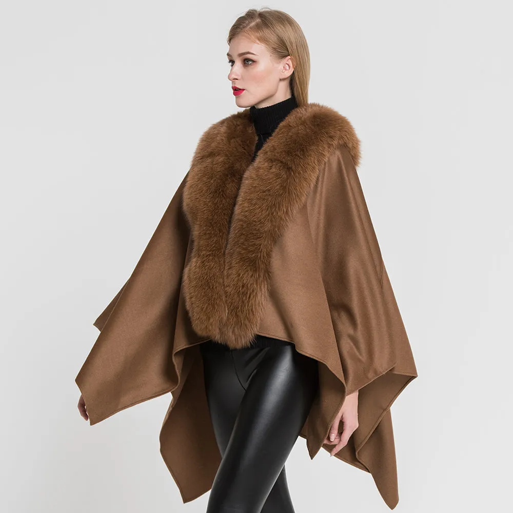 Genuine Cashmere Ponchos Fur Capes with Real Fox Fur Women Camel Shawl