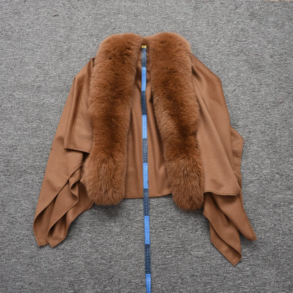 Genuine Cashmere Ponchos Fur Capes with Real Fox Fur Women Camel Shawl