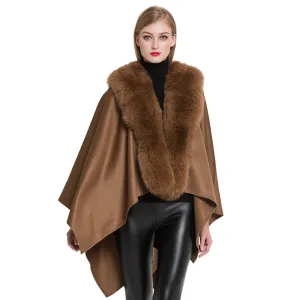 Genuine Cashmere Ponchos Fur Capes with Real Fox Fur Women Camel Shawl