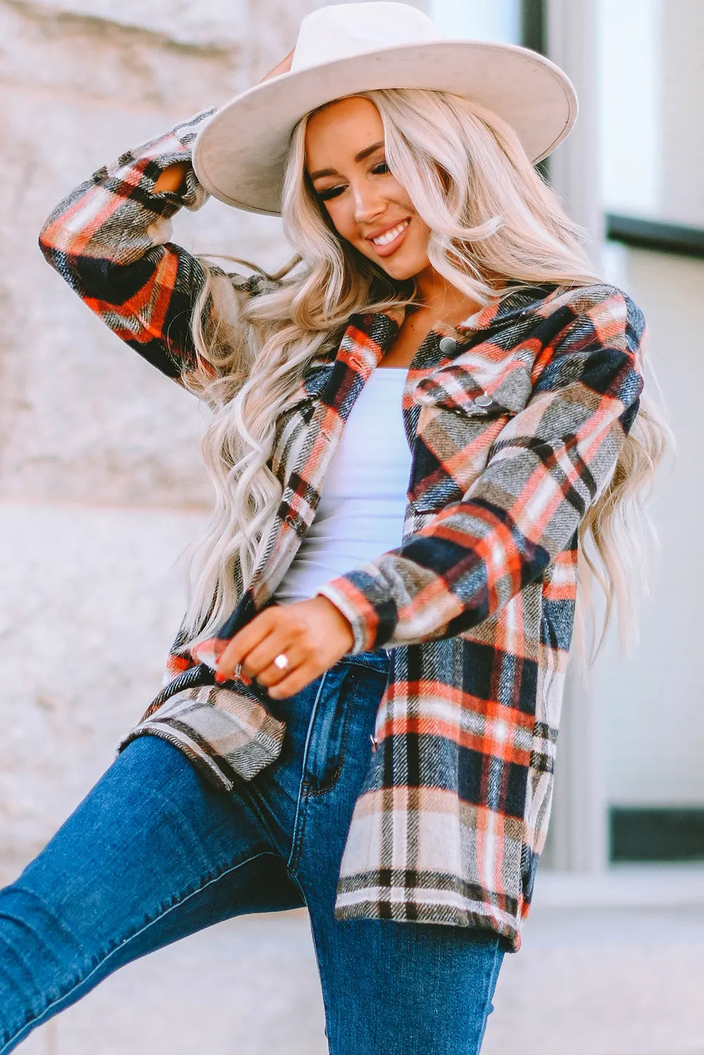 Geometric Plaid Pocketed Shacket