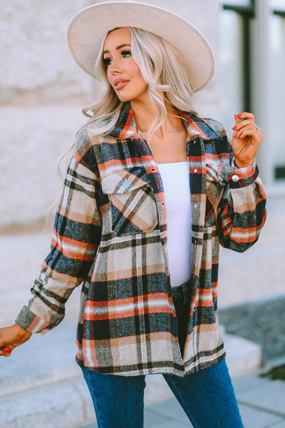 Geometric Plaid Pocketed Shacket