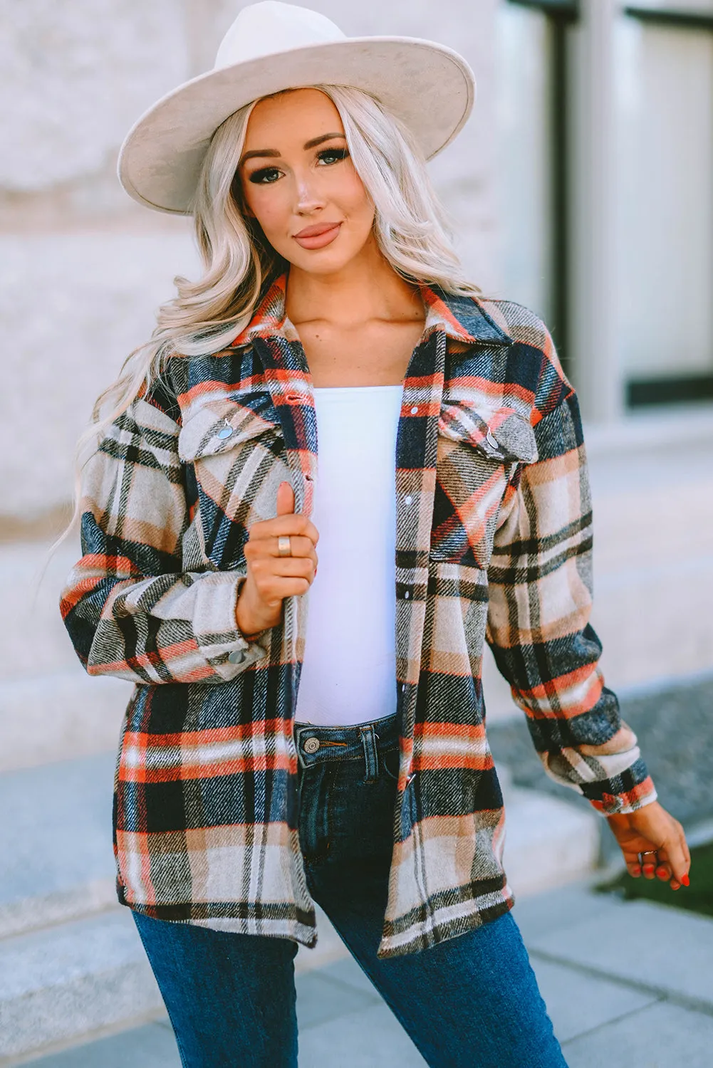 Geometric Plaid Pocketed Shacket