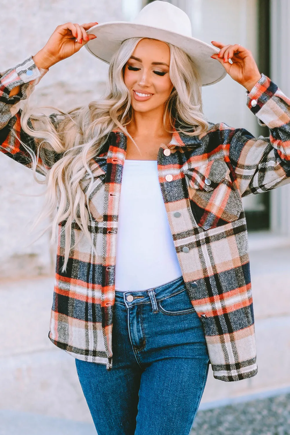 Geometric Plaid Pocketed Shacket