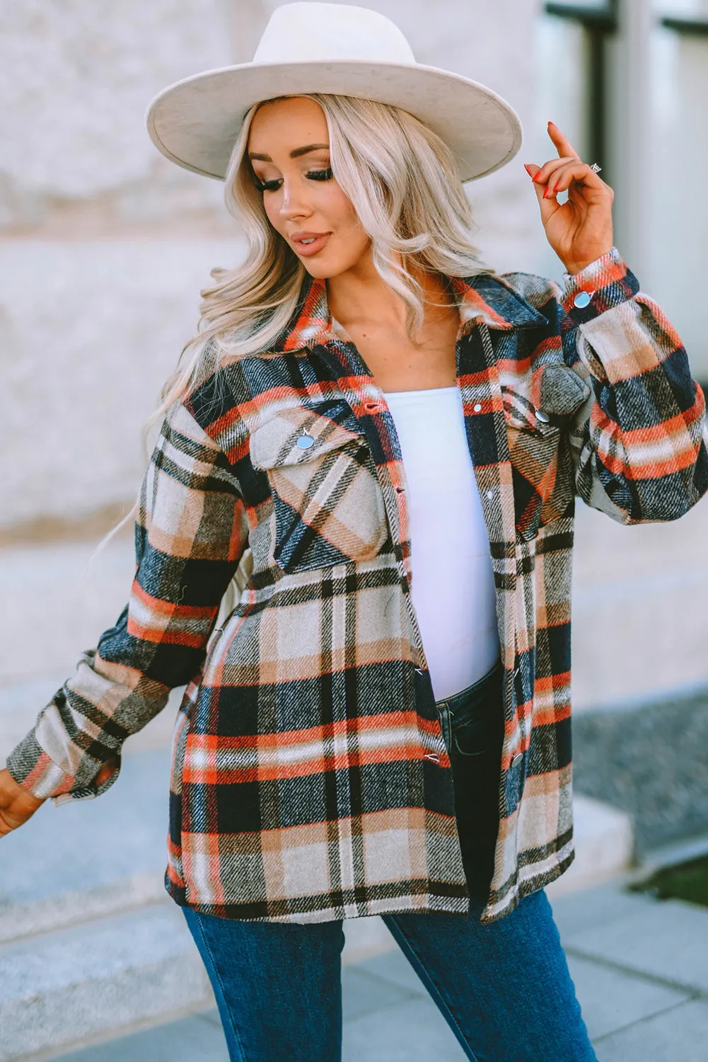 Geometric Plaid Pocketed Shacket
