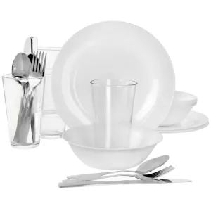 Gibson Ultra Angel Silk 24 Piece Opal Glass Dinnerware and Flatware Combo Set in