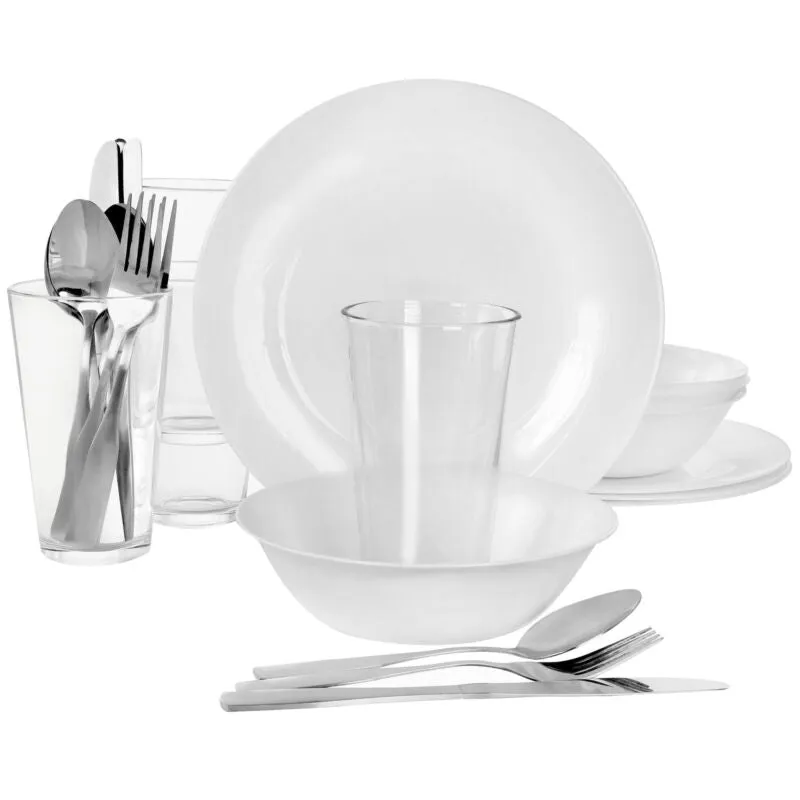 Gibson Ultra Angel Silk 24 Piece Opal Glass Dinnerware and Flatware Combo Set in