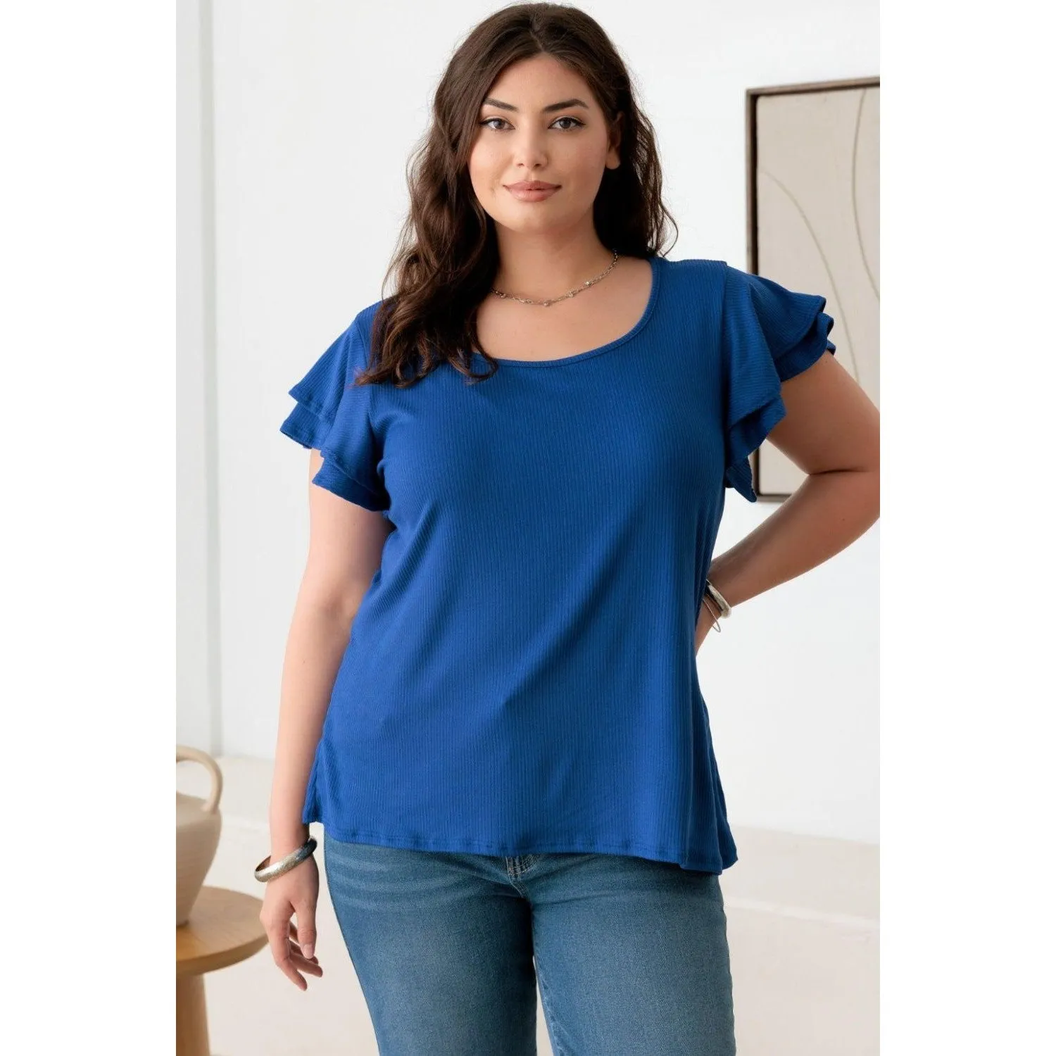 Gilli Plus Size Short Fluttery Sleeve Round Neck Top
