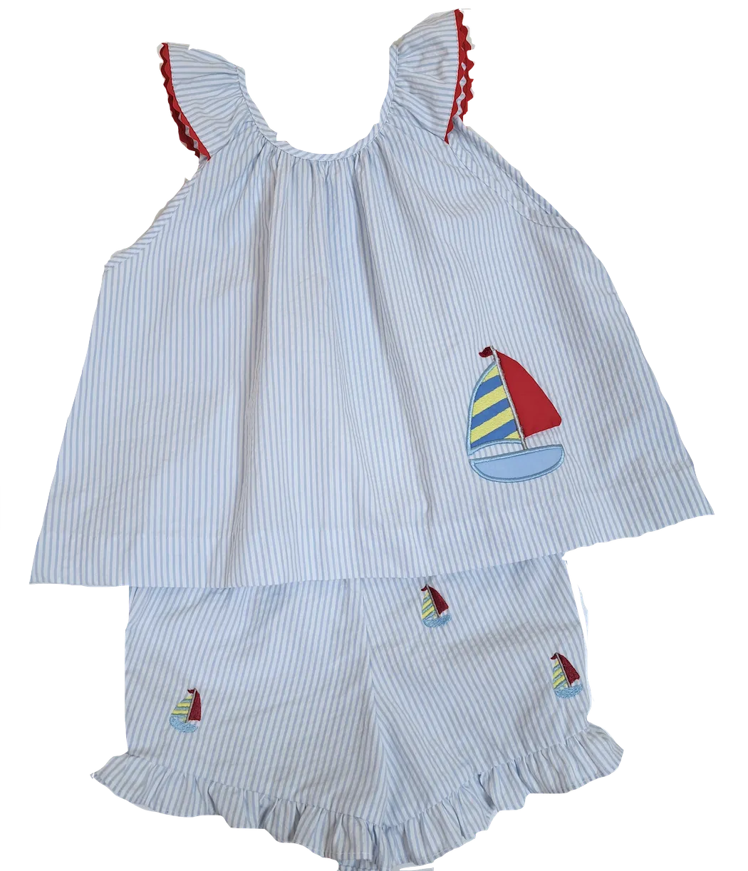 Girl's 2 pc Sailboat Applique Short Set