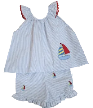 Girl's 2 pc Sailboat Applique Short Set