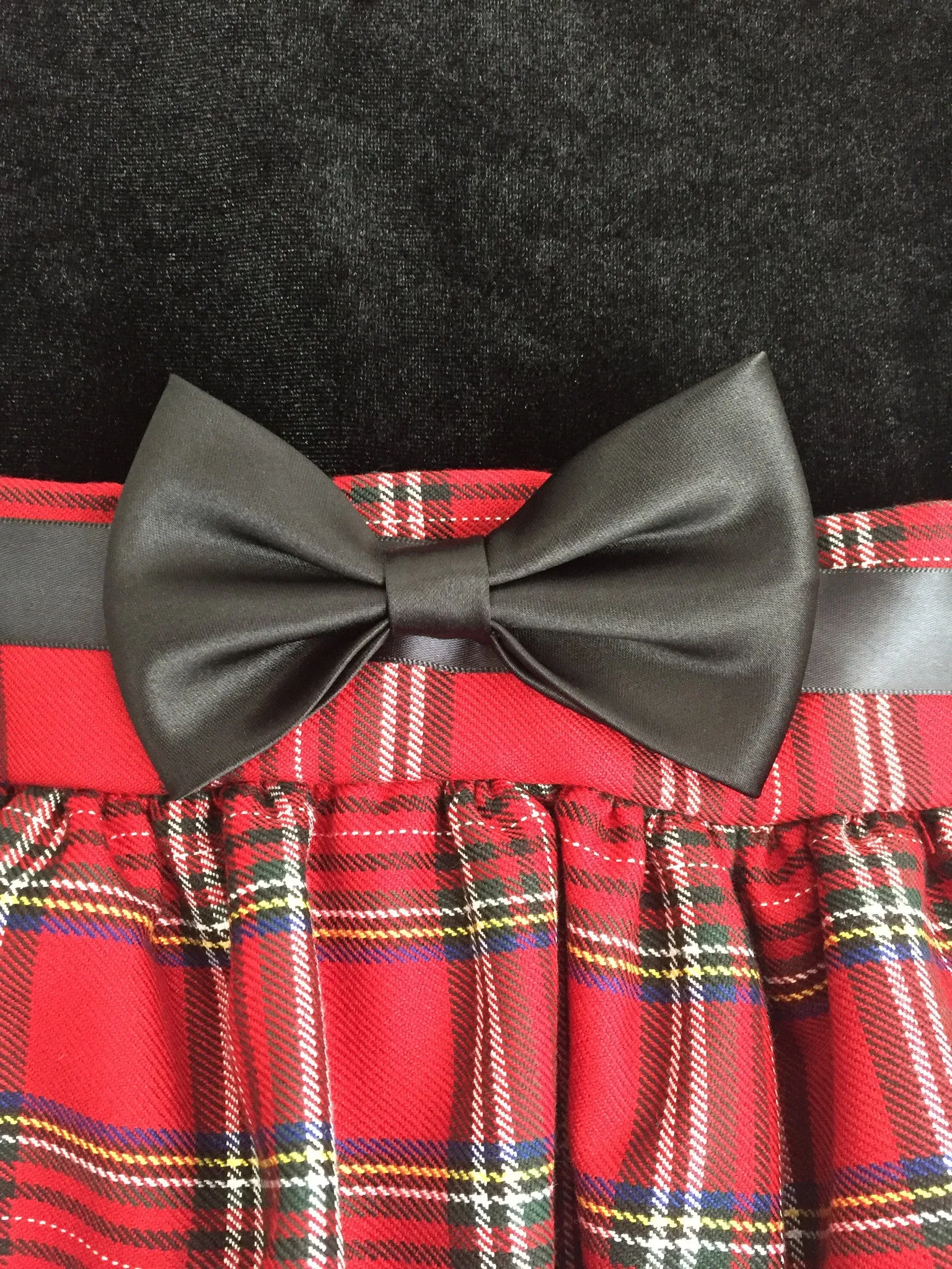 Girls Black Velvet Holiday Dress with Red and Black Plaid Skirt