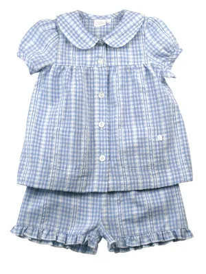 Girls Blue White Seersucker Check Shortie Pyjama Set