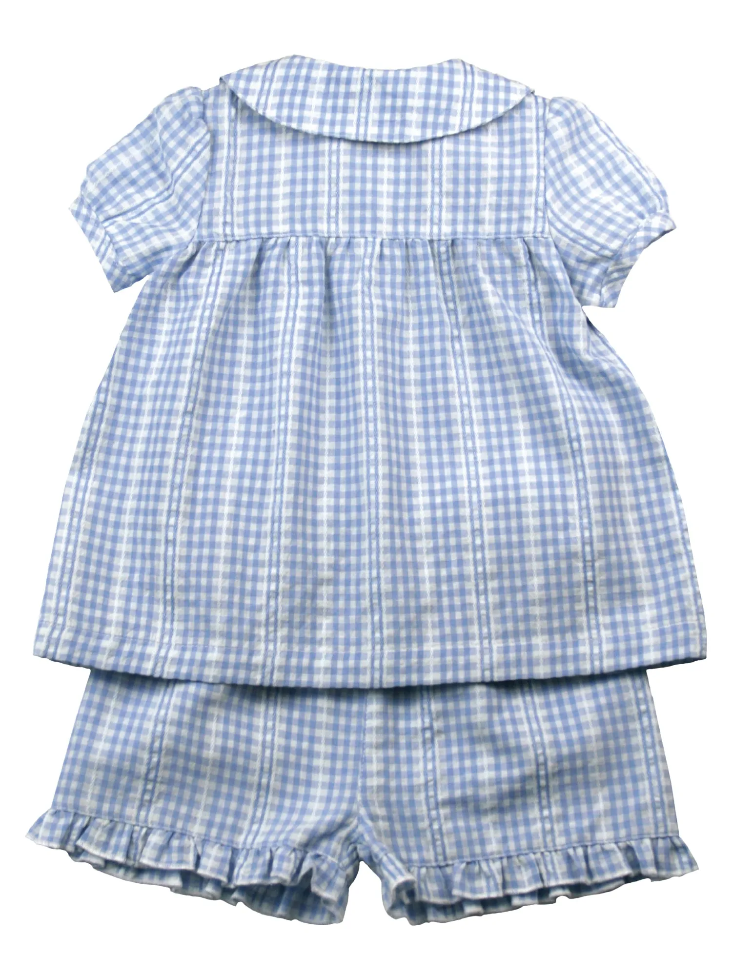 Girls Blue White Seersucker Check Shortie Pyjama Set