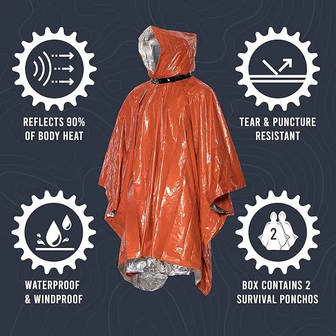 Go Time Gear Emergency Survival Life Poncho 2 Pack - Thermal Use in Camping, Survival Gear - Includes Whistle & Paracord