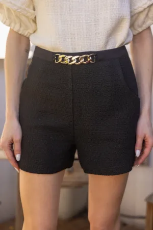 Gold Chain Detailed Waist Tweed Shorts - Black