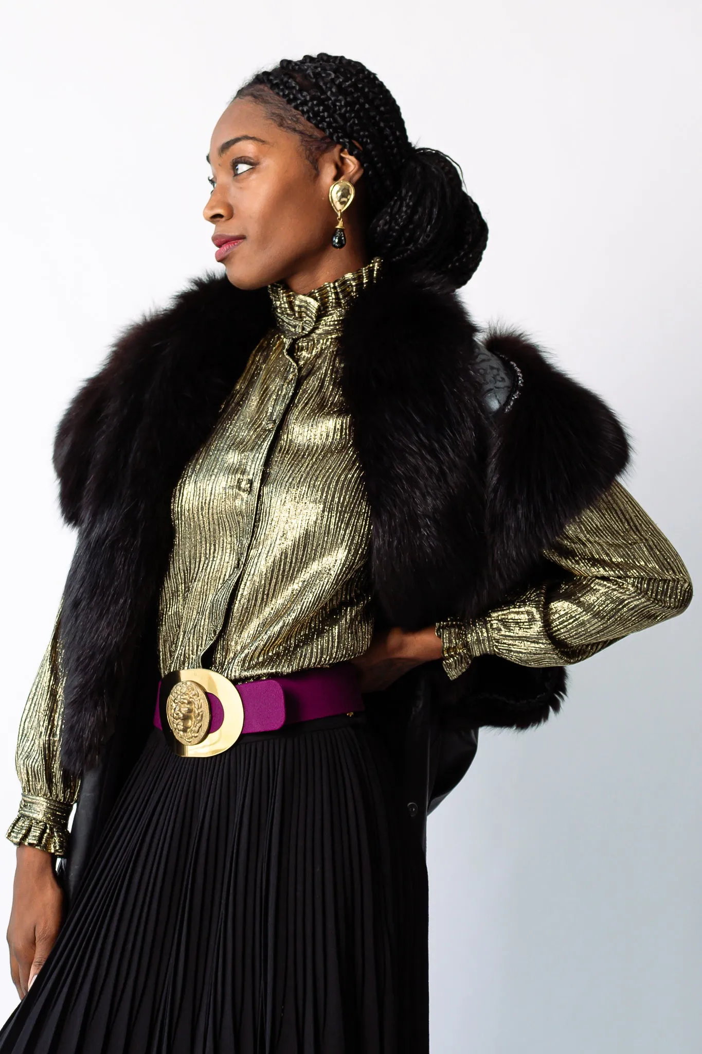 Gold Lamé Ruffle Tie Neck Blouse