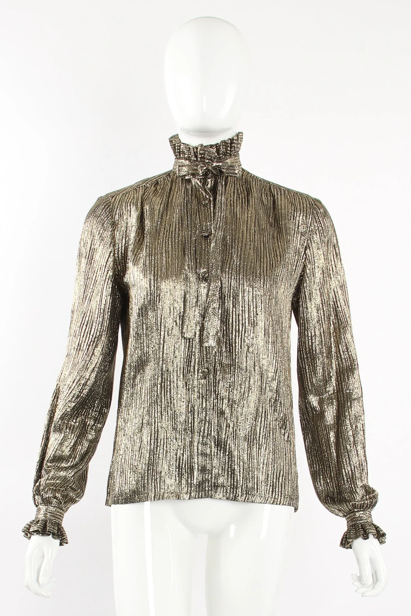 Gold Lamé Ruffle Tie Neck Blouse