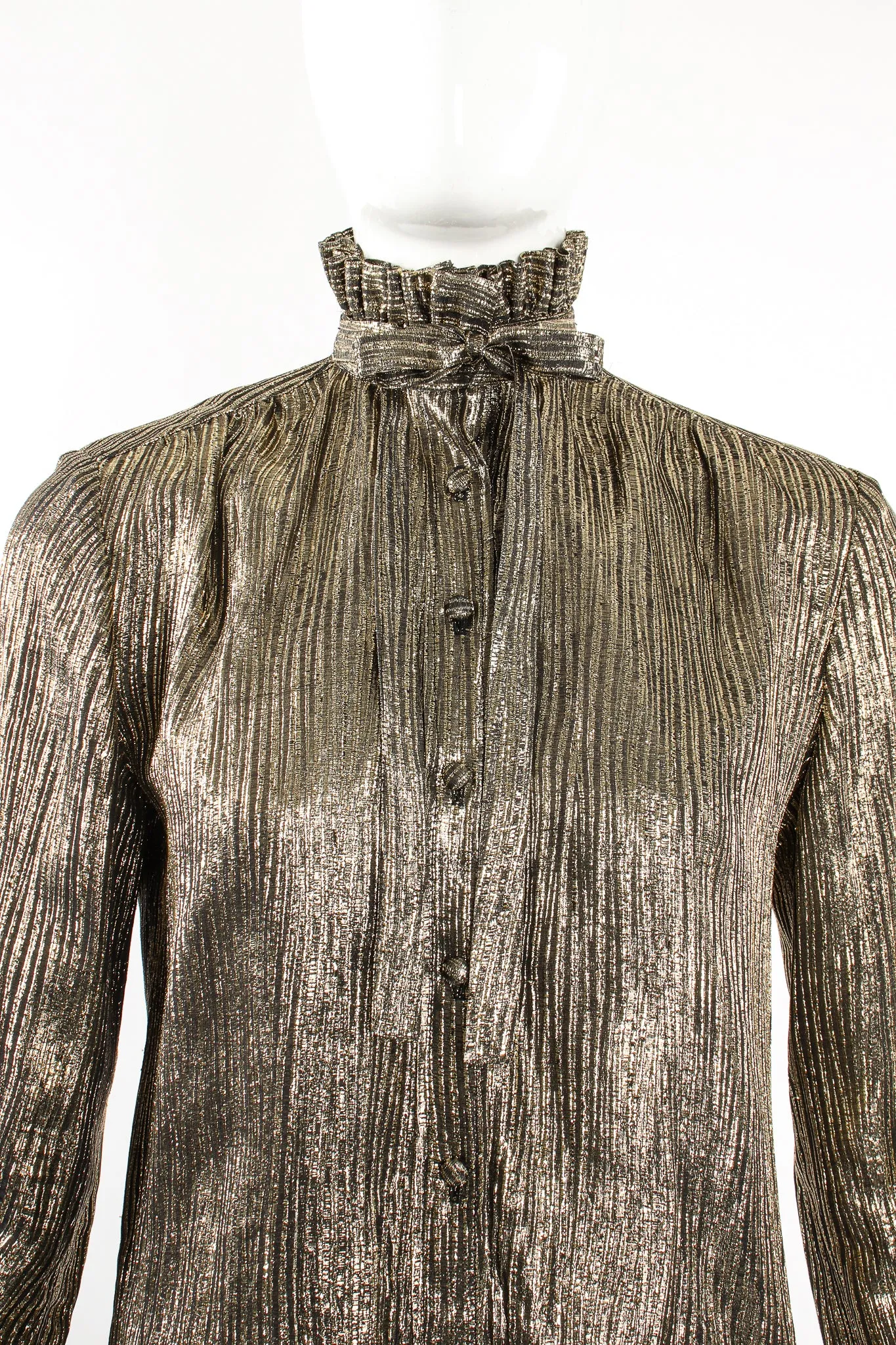 Gold Lamé Ruffle Tie Neck Blouse
