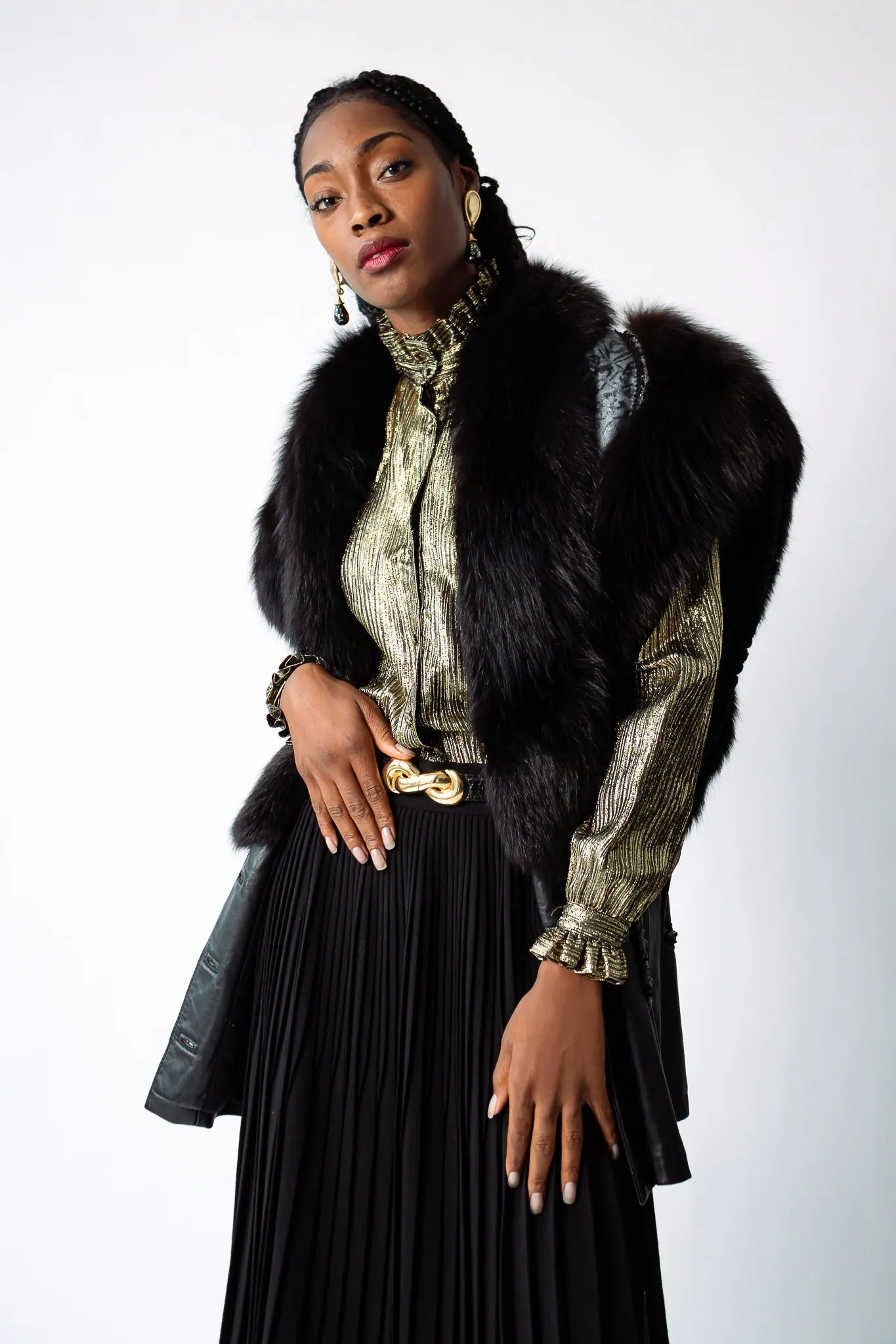 Gold Lamé Ruffle Tie Neck Blouse