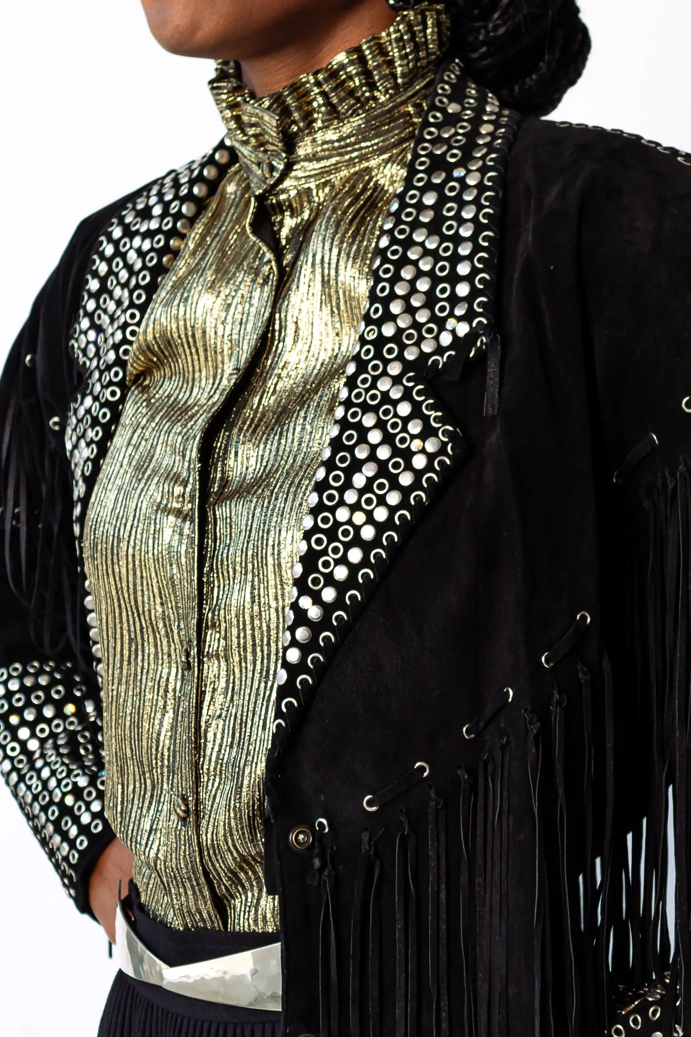 Gold Lamé Ruffle Tie Neck Blouse