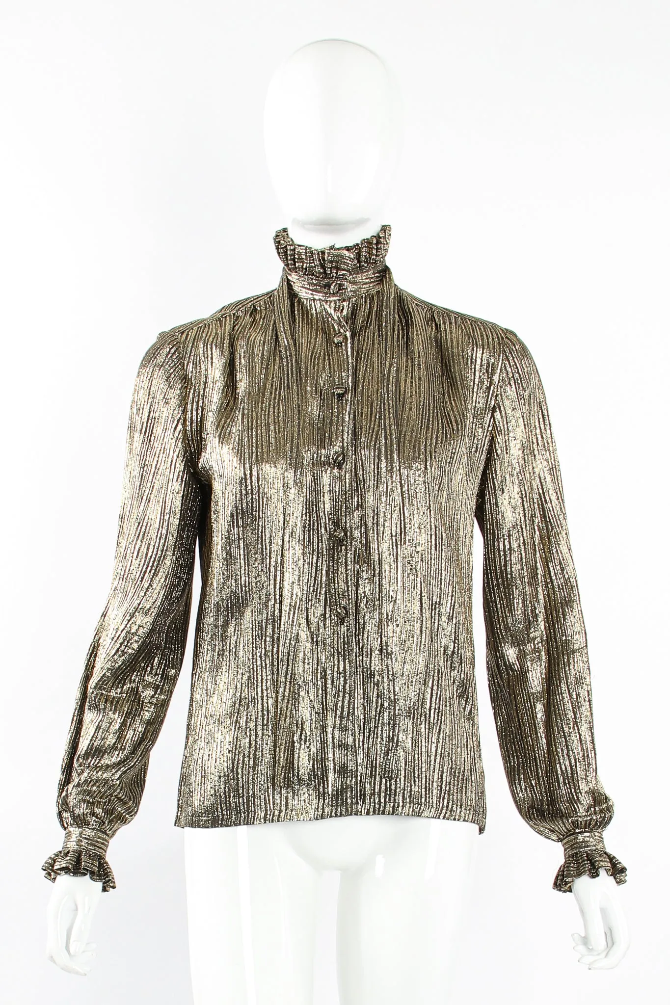 Gold Lamé Ruffle Tie Neck Blouse