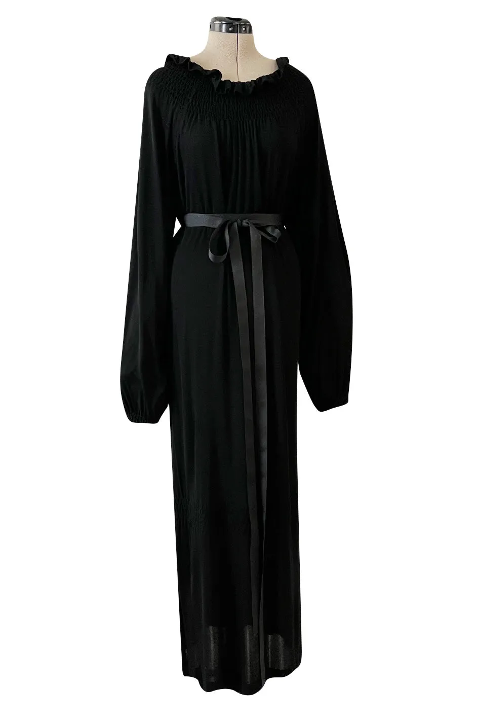 Gorgeous 1970s Givenchy Black Silk Crepe Jersey Dress w Gathered Neckline & Pouf Sleeves