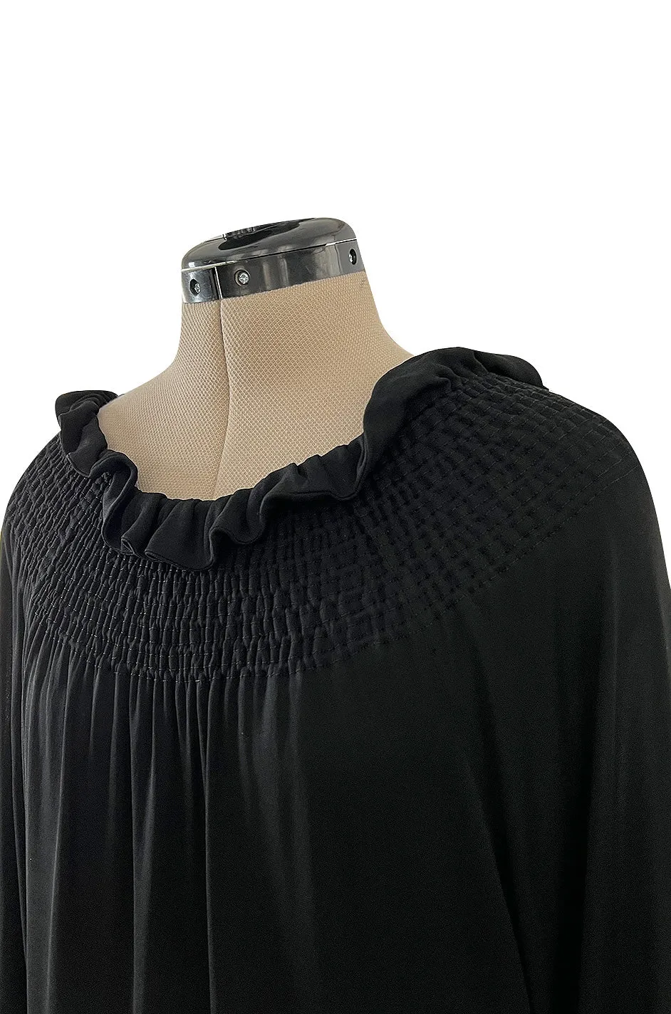 Gorgeous 1970s Givenchy Black Silk Crepe Jersey Dress w Gathered Neckline & Pouf Sleeves