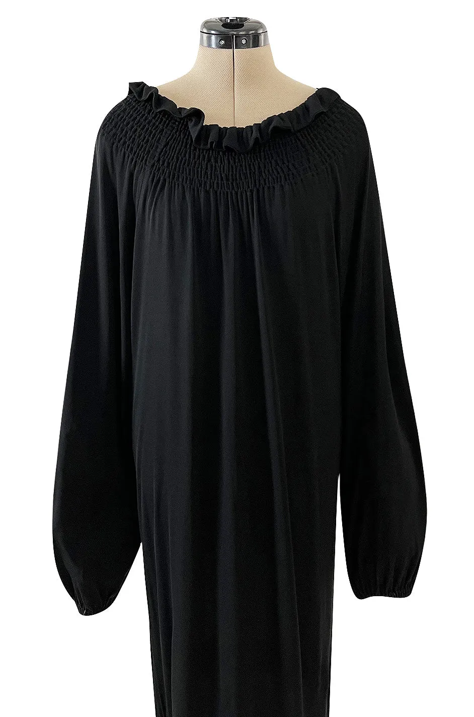Gorgeous 1970s Givenchy Black Silk Crepe Jersey Dress w Gathered Neckline & Pouf Sleeves