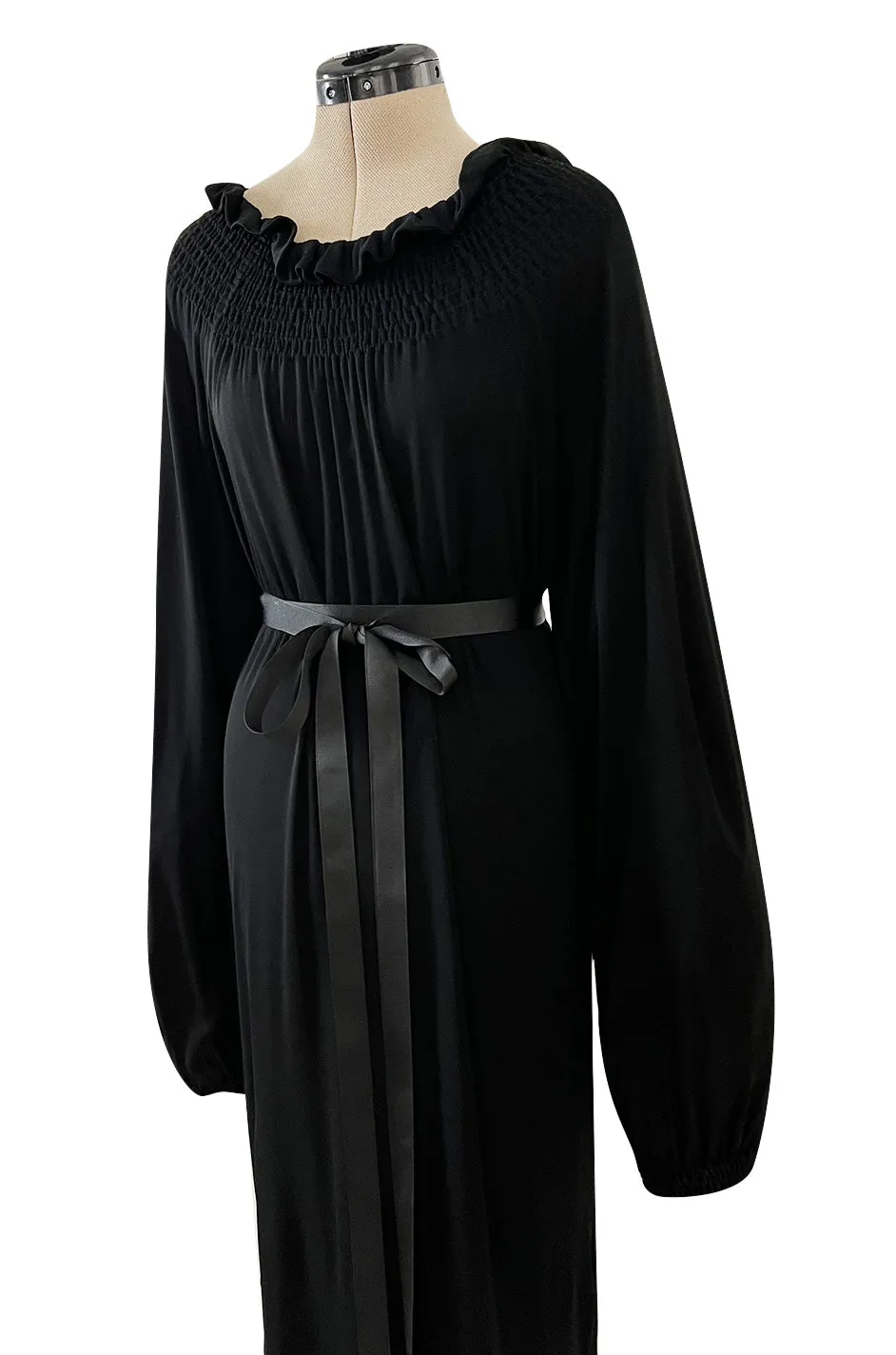 Gorgeous 1970s Givenchy Black Silk Crepe Jersey Dress w Gathered Neckline & Pouf Sleeves