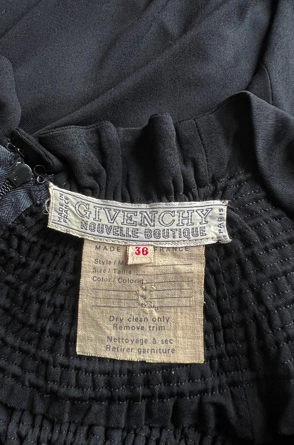 Gorgeous 1970s Givenchy Black Silk Crepe Jersey Dress w Gathered Neckline & Pouf Sleeves