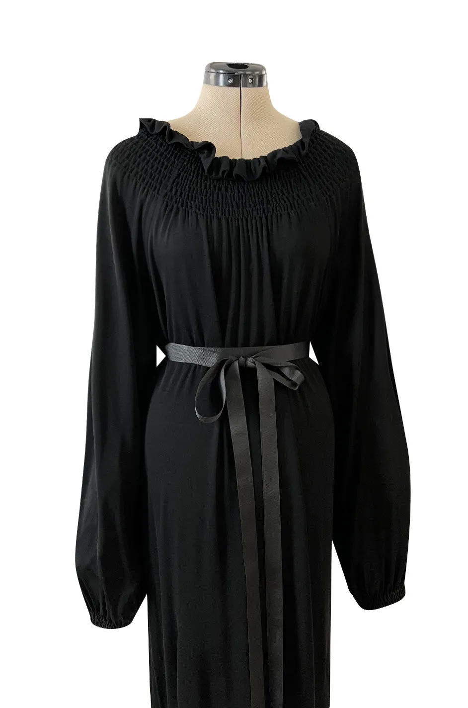 Gorgeous 1970s Givenchy Black Silk Crepe Jersey Dress w Gathered Neckline & Pouf Sleeves