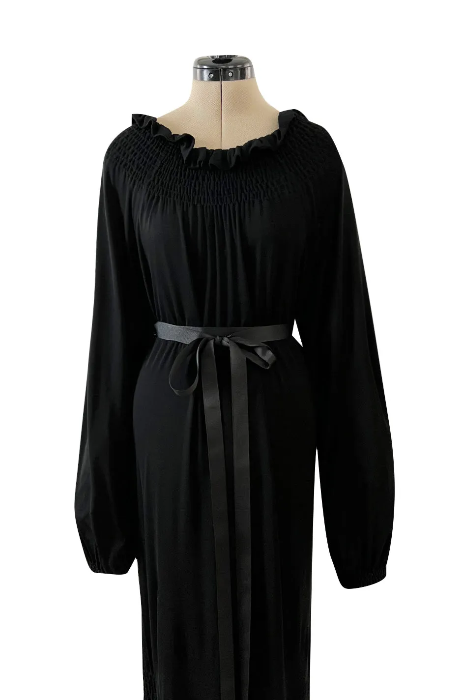 Gorgeous 1970s Givenchy Black Silk Crepe Jersey Dress w Gathered Neckline & Pouf Sleeves